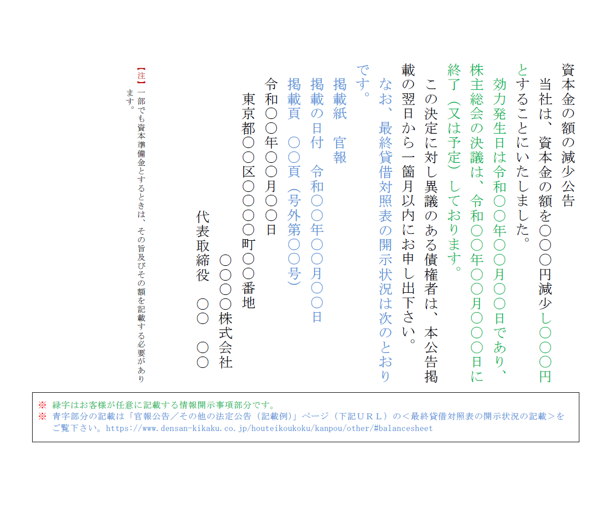 資本金の額の減少公告